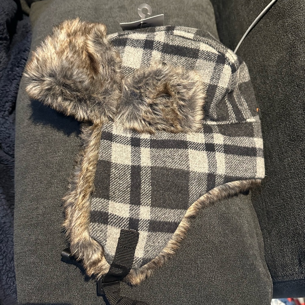Plaid Trapper Hat with Faux Fur